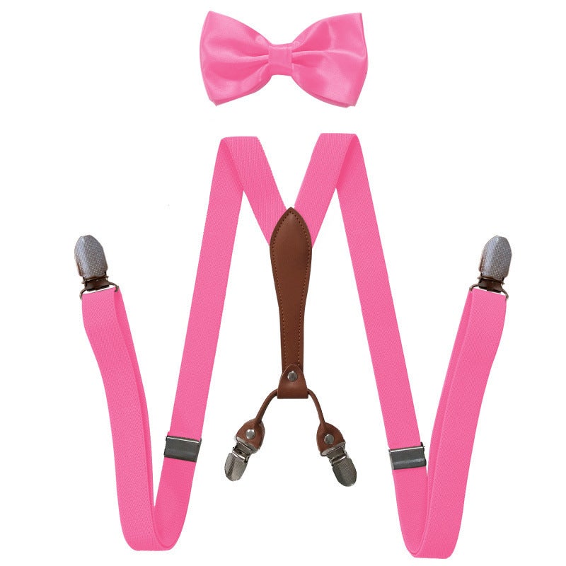 Fashionable Trendy Unisex Elastic Adjustable Suspenders Anti-slip Universal Bib Pants For Adults Kids Loose Fitting Rose Red 