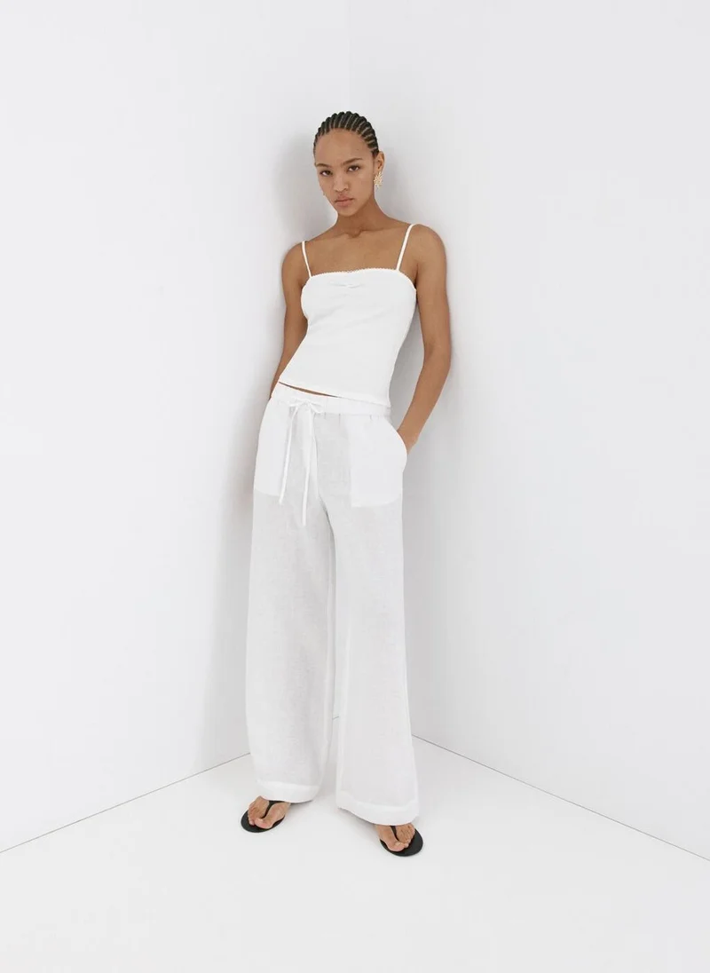 Mango 01-BLANCO Linen Wide-Leg Trousers for Women | Best Price UAE