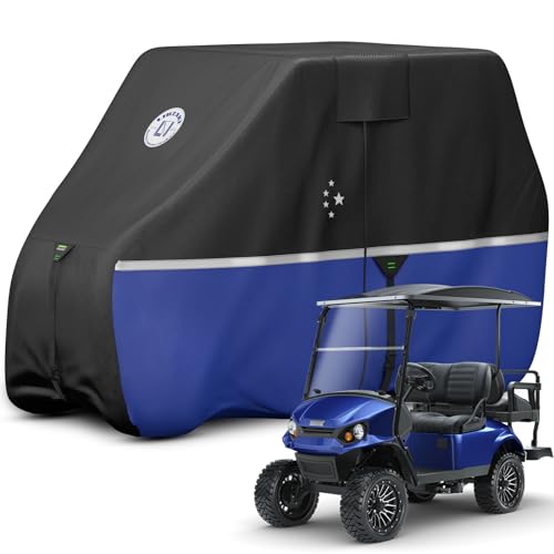 LI LIBZAKI 2+2/4 Passenger Golf Cart Cover Fits EZGO, Club Car, Yamaha, 420D Waterproof Windproof Sunproof Outdoor All-Weather Full Cover -Black/Blue-L - Image 1