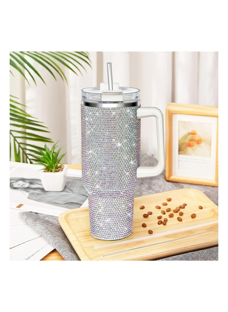 ايكانبو كوب حراري لامع مرصع بأحجار الراين، سعة 1200 مل، بمقبض وغطاء من القش، مرصع بأحجار الراين، زجاجة مياه مزدوجة الجدار من الفولاذ المقاوم للصدأ معزولة بالفراغ، كوب سفر، هدية للنساء والسيدات (لون AB) - Image 4