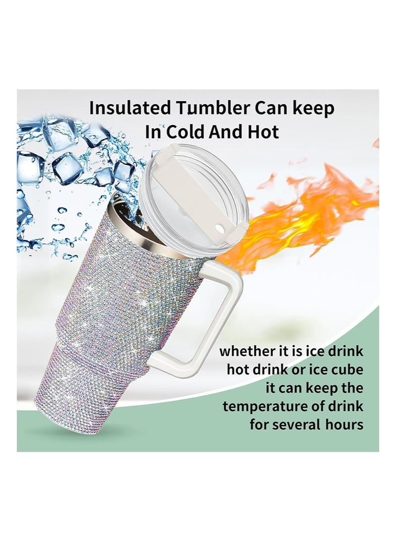 ايكانبو كوب حراري لامع مرصع بأحجار الراين، سعة 1200 مل، بمقبض وغطاء من القش، مرصع بأحجار الراين، زجاجة مياه مزدوجة الجدار من الفولاذ المقاوم للصدأ معزولة بالفراغ، كوب سفر، هدية للنساء والسيدات (لون AB) - Image 3