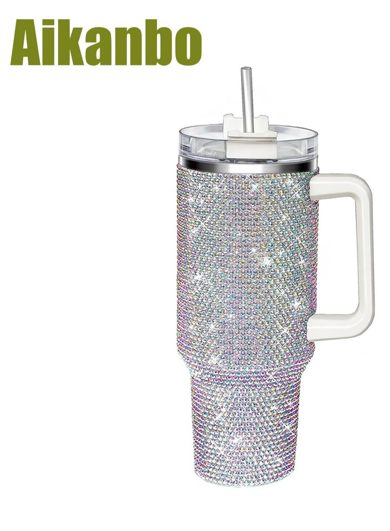 ايكانبو كوب حراري لامع مرصع بأحجار الراين، سعة 1200 مل، بمقبض وغطاء من القش، مرصع بأحجار الراين، زجاجة مياه مزدوجة الجدار من الفولاذ المقاوم للصدأ معزولة بالفراغ، كوب سفر، هدية للنساء والسيدات (لون AB) - Image 1