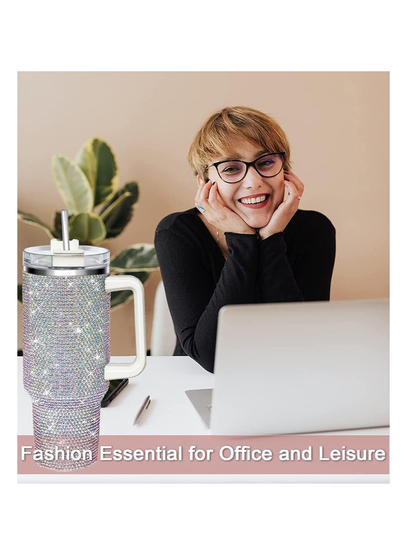 إزدنك كوب حراري لامع مرصع بأحجار الراين، سعة 1200 مل، بمقبض وغطاء من القش، مرصع بأحجار الراين، زجاجة مياه مزدوجة الجدار من الفولاذ المقاوم للصدأ معزولة بالفراغ، كوب سفر، هدية للنساء والسيدات (لون AB) - Image 5