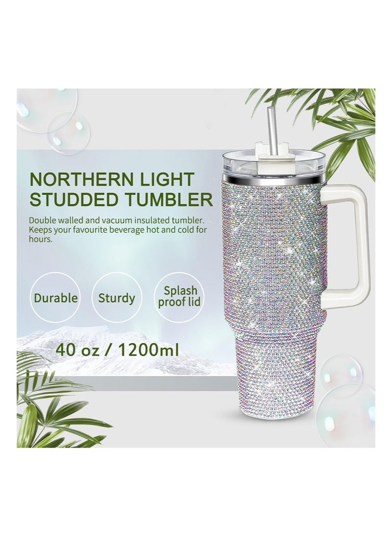 إزدنك كوب حراري لامع مرصع بأحجار الراين، سعة 1200 مل، بمقبض وغطاء من القش، مرصع بأحجار الراين، زجاجة مياه مزدوجة الجدار من الفولاذ المقاوم للصدأ معزولة بالفراغ، كوب سفر، هدية للنساء والسيدات (لون AB) - Image 2