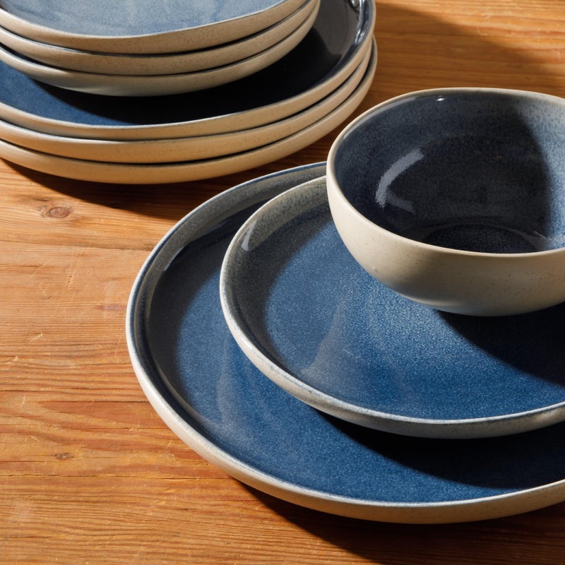 Gibson Elite Manila Bay 12-Piece Stoneware Dinnerware Set, Service for 4, Reactive Glaze Modern Artisan Plates, Bowls & Mugs, Blue, Round Design - Image 4