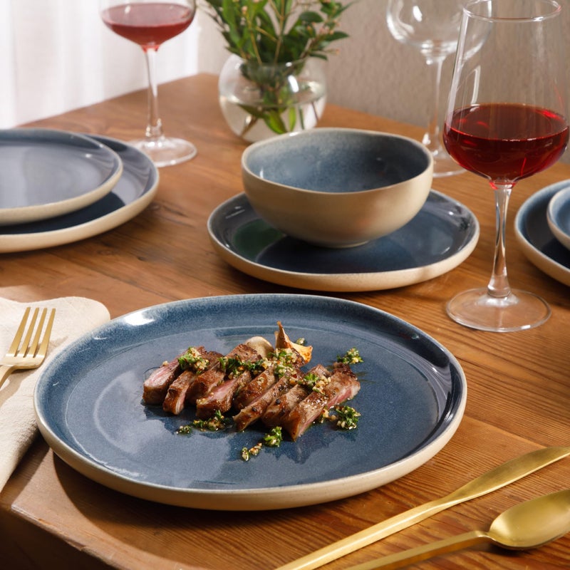 Gibson Elite Manila Bay 12-Piece Stoneware Dinnerware Set, Service for 4, Reactive Glaze Modern Artisan Plates, Bowls & Mugs, Blue, Round Design - Image 2