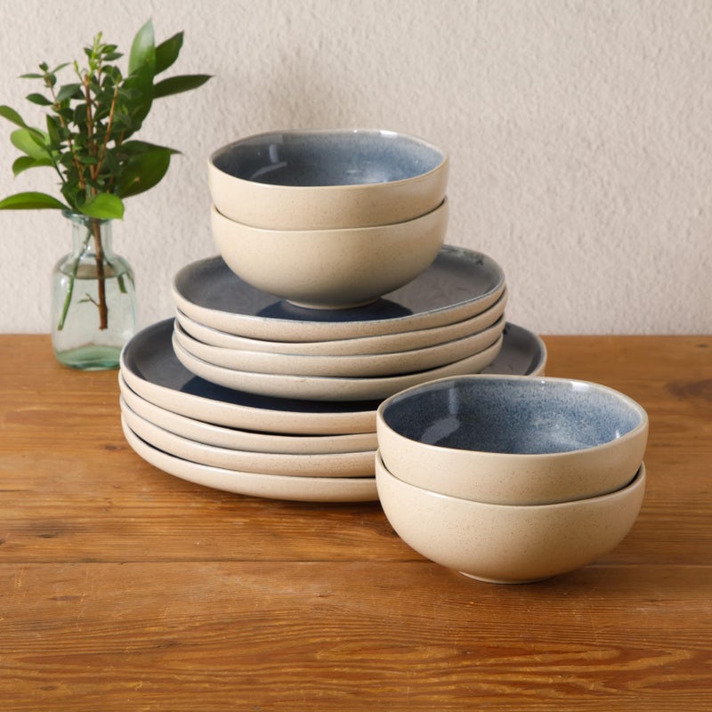 Gibson Elite Manila Bay 12-Piece Stoneware Dinnerware Set, Service for 4, Reactive Glaze Modern Artisan Plates, Bowls & Mugs, Blue, Round Design - Image 5