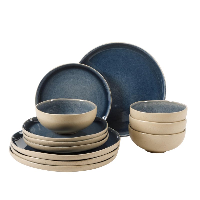 Gibson Elite Manila Bay 12-Piece Stoneware Dinnerware Set, Service for 4, Reactive Glaze Modern Artisan Plates, Bowls & Mugs, Blue, Round Design - Image 1