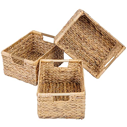 VATIMA Large Wicker Basket Rectangular with Wooden Handles for Shelves, Water Hyacinth Basket Storage, Natural Baskets for Organizing, Wicker Baskets for Storage 14.5 x 10.3 x 7.5 inches - 3 Pack - Image 1