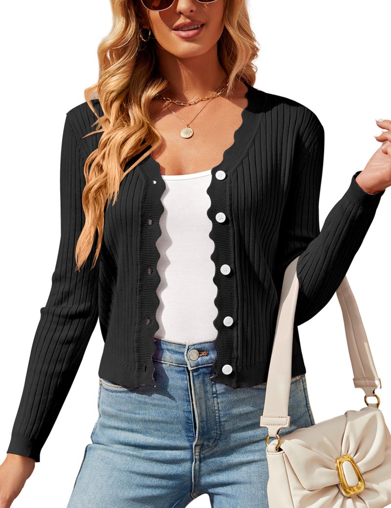 SECRETEYARD كارديغان قصير للنساء من SECRETEYARD، كروشيه، مناسب للفساتين والقمصان، ياقة على شكل V، أزرار، كارديغانات صوفية، سوداء - Image 1
