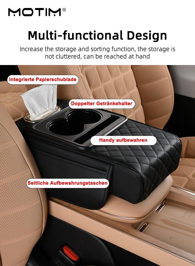 Motim Car Armrest Center Console Cover with Tissue Box, Storage Bag, Cup Holder & Heightening Pad 4 IN 1, Center Console Organizer, Suitable for Most Vehicle, SUV - Image 3