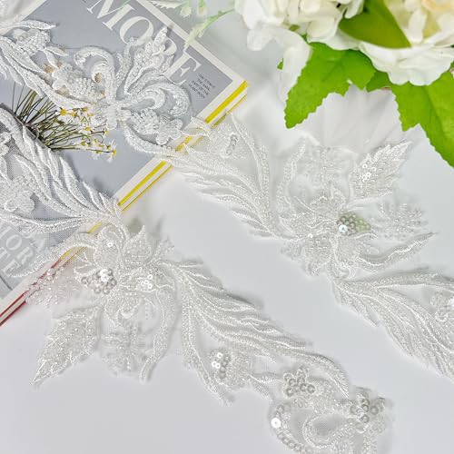 VIRFONOR 2yard Embroidered Lace Trim with Sequins and Beads,Floral Lace Appliqué Ribbon for Wedding Dresses, Gowns, Headpieces, DIY Sewing Crafts (Pattern A) - Image 2