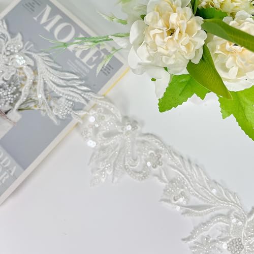 VIRFONOR 2yard Embroidered Lace Trim with Sequins and Beads,Floral Lace Appliqué Ribbon for Wedding Dresses, Gowns, Headpieces, DIY Sewing Crafts (Pattern A) - Image 3