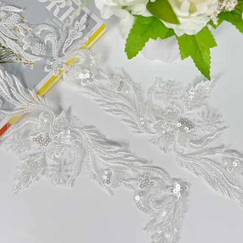 VIRFONOR 2yard Embroidered Lace Trim with Sequins and Beads,Floral Lace Appliqué Ribbon for Wedding Dresses, Gowns, Headpieces, DIY Sewing Crafts (Pattern A) - Image 4