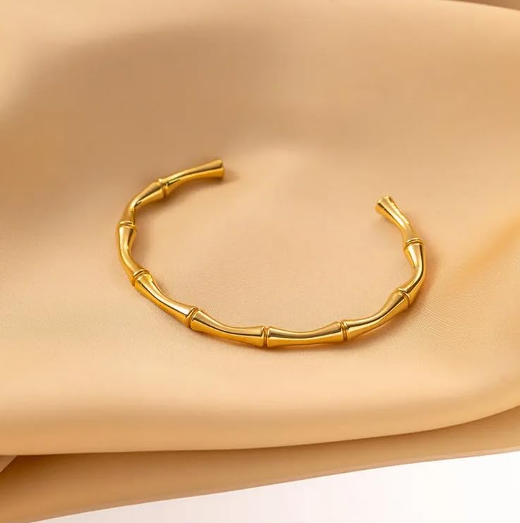 Okos Fashion Jewellery Gold Plated Stainless Steel Delicate Half Bamboo Style Western Kada For Girls and Women BR1000062GLD - Image 3