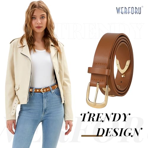WERFORU Women Fashion Leather Belt Studded Leather Belt Ladies Belts for Jeans Dress Punk Belt,(Brown,25"-30" Waist Adjustable) - Image 2