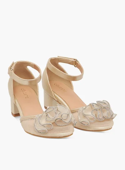 Celeste Girl's Embellished Block Heeled Sandals with Hook and Loop Closure