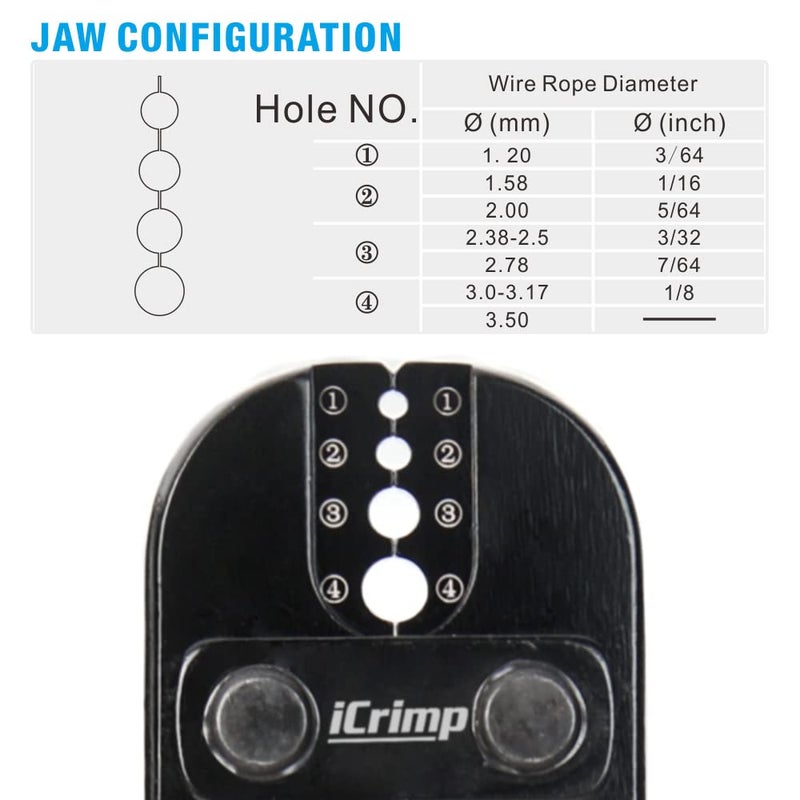 IWISS iCrimp Wire Rope Crimping Tool for Aluminum Loop Sleeve, Two Barrel Ferrule, Oval Sleeves, 3/64 in to 1/8 in, Swaging Tool Kit with Wire Rope Cutter - Image 4