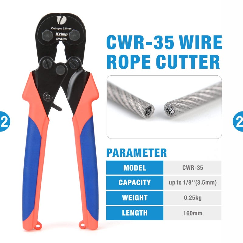 IWISS iCrimp Wire Rope Crimping Tool for Aluminum Loop Sleeve, Two Barrel Ferrule, Oval Sleeves, 3/64 in to 1/8 in, Swaging Tool Kit with Wire Rope Cutter - Image 3