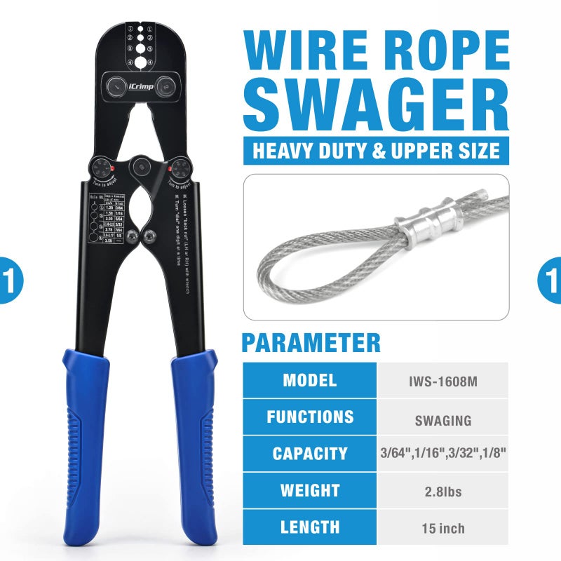 IWISS iCrimp Wire Rope Crimping Tool for Aluminum Loop Sleeve, Two Barrel Ferrule, Oval Sleeves, 3/64 in to 1/8 in, Swaging Tool Kit with Wire Rope Cutter - Image 2