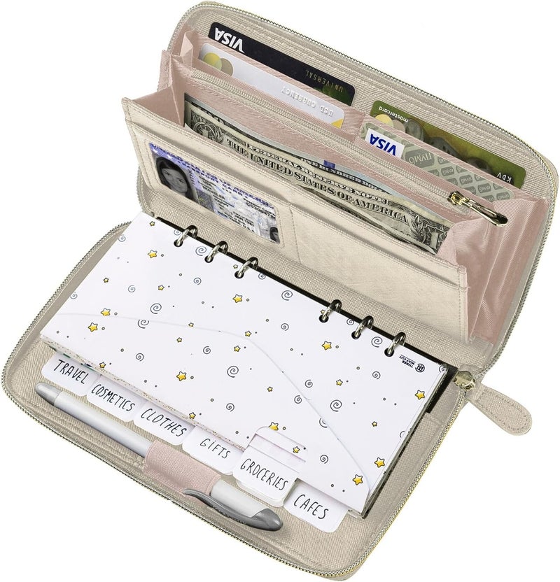 THREE WAY CUT Cash Envelope Wallet Beige All in One Budget System RFID Blocking with 12x Tabbed Cash Envelopes 12x Monthly Budget Cards 1x Yearly Budget Planner Sheet Complete Money Organizer Set for Cash - Image 1