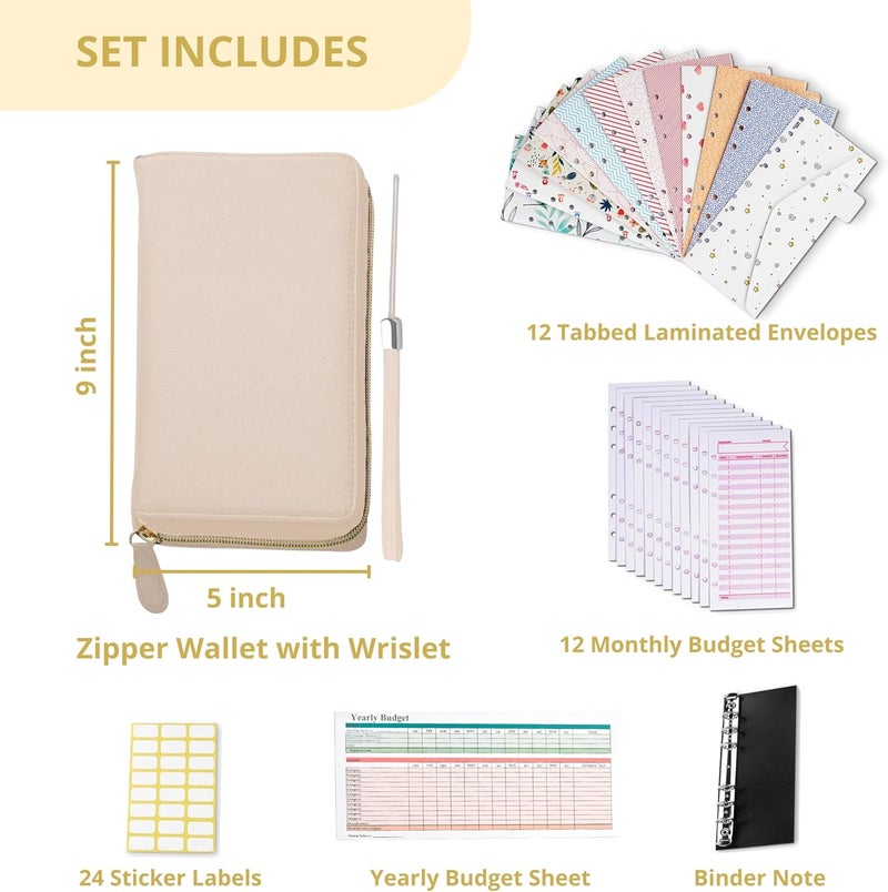 THREE WAY CUT Cash Envelope Wallet Beige All in One Budget System RFID Blocking with 12x Tabbed Cash Envelopes 12x Monthly Budget Cards 1x Yearly Budget Planner Sheet Complete Money Organizer Set for Cash - Image 4