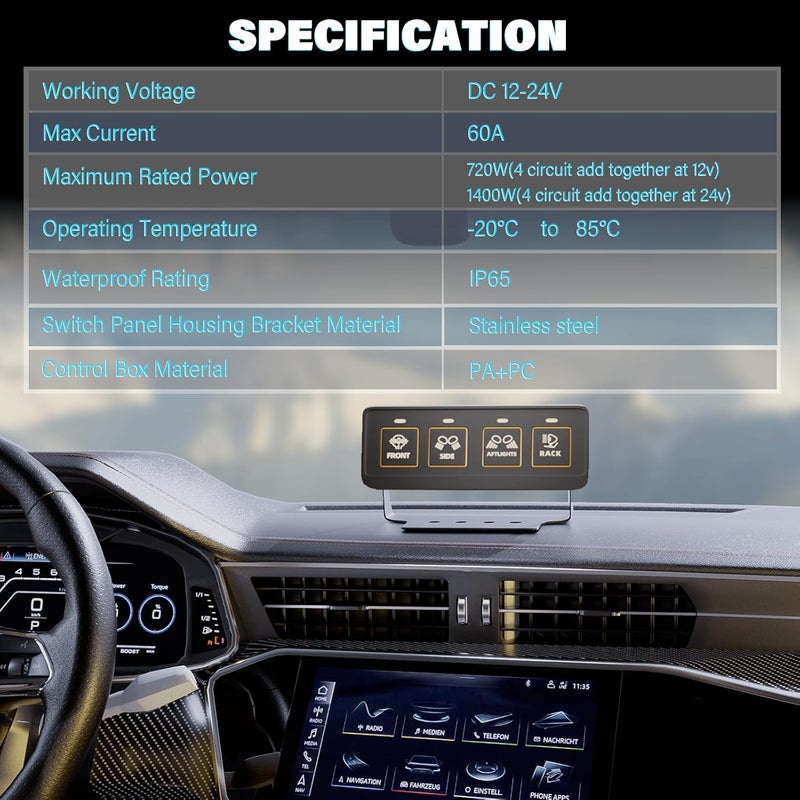 Fly Kan 4 Gang Wireless Switch Panel, Waterproof Offroad Light Switch with 4 Control Modes & Dual Power Supply, 12V-24V Multifunction IC Control Switch Pod for Truck SUV ATV UTV Car etc. - Image 2