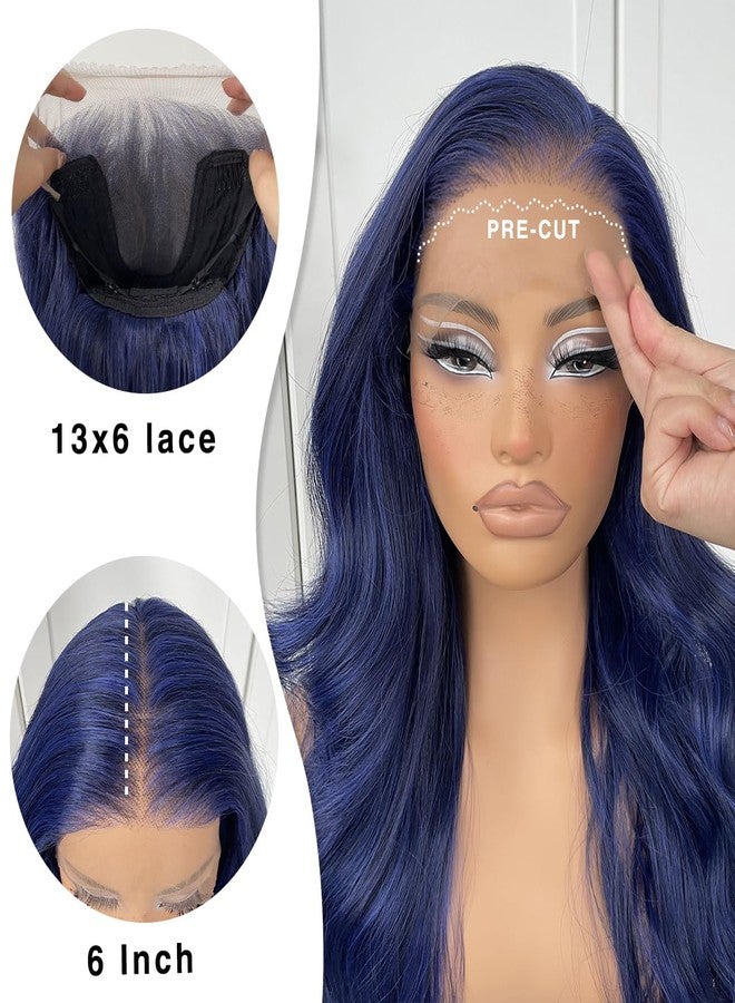 MITIMES باروكة شعر مستعار MITIMES 13x6 زرقاء مموجة بدون غراء، ذات مقدمة دانتيل، مصنوعة من ألياف صناعية زرقاء داكنة عالية الدقة، مناسبة للنساء العصريات، باروكة دانتيل شفافة لحفلات التنكر. - Image 5