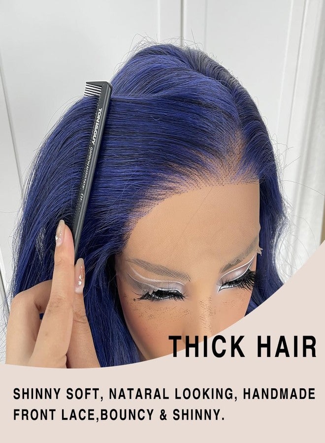 MITIMES باروكة شعر مستعار MITIMES 13x6 زرقاء مموجة بدون غراء، ذات مقدمة دانتيل، مصنوعة من ألياف صناعية زرقاء داكنة عالية الدقة، مناسبة للنساء العصريات، باروكة دانتيل شفافة لحفلات التنكر. - Image 4