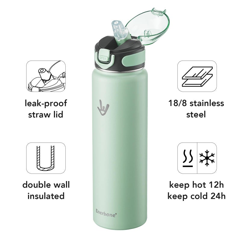 Enerbone 32 oz Insulated Water Bottle, Stainless Steel Bottle with Carrying Strap, Double-Wall Vacuum Insulation Design, Leakproof Sports Bottle with Straw, Keep Drinks Cold or Hot for Hours - Image 2