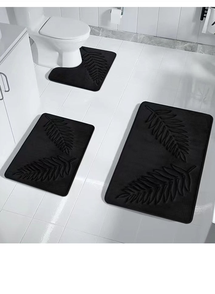 Kutis 3-Pieces European Simple Style Toilet Floor Mat Suit Bathroom Carpet Set Polyester Fiber Black  - Image 1