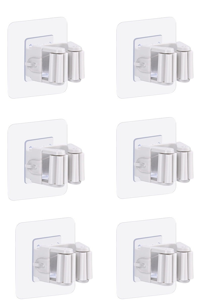 6 Pieces Mop Broom Holder, Wall Mount Mop Holder, Self Adhesive Broom Hanger for Home Garage, Garden, Laundry Room, Storage, Kitchen, Tools Organizer (White) - Image 1