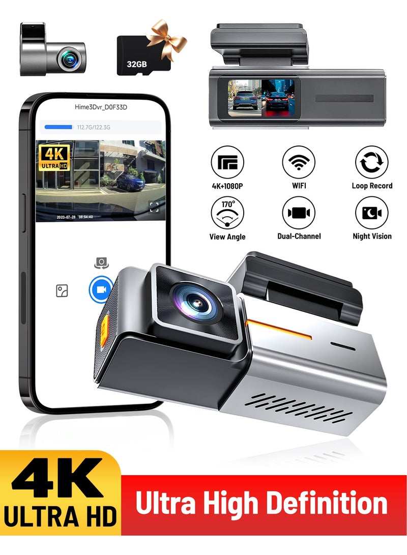 دانسينت كاميرا سيارة UHD 4K مع بطاقة 32 جيجابايت للسيارات عدسة مزدوجة أمامية وخلفية أمامية 4K 3840*2160P خلفية 1080P مدمج WiFi G-Sensor مسجل فيديو DVR للسيارة - Image 1