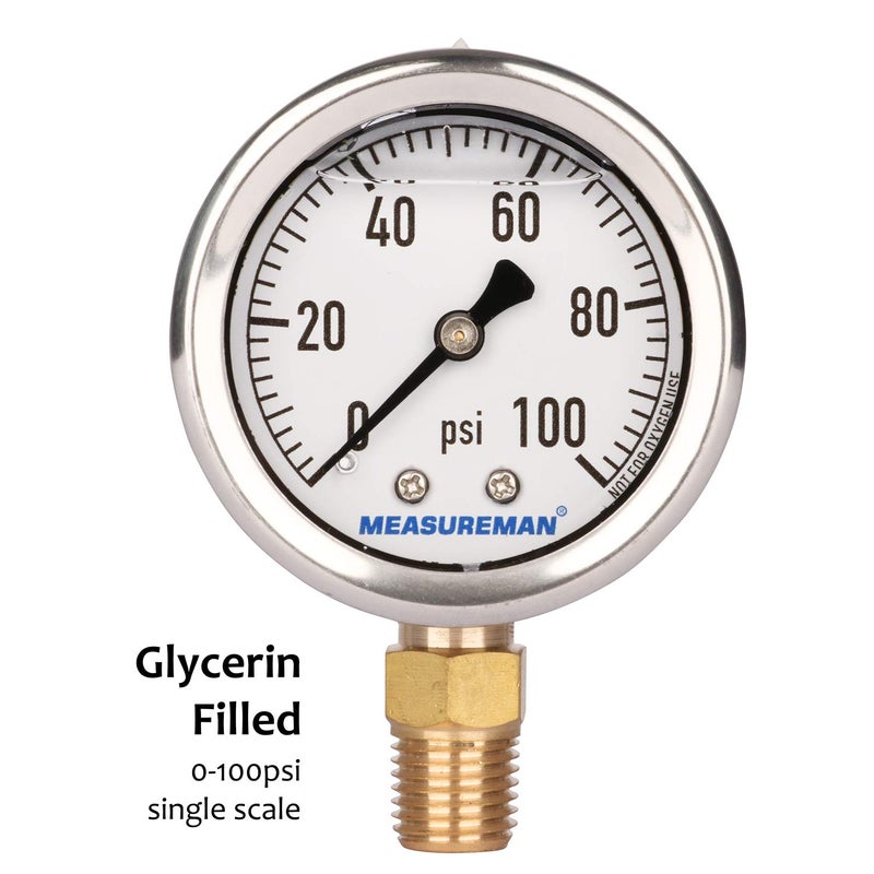 MEASUREMAN مقياس ضغط سباكة مملوء بالجليسرين من ميزورمان، حجم القرص 2 بوصة، نطاق 0-100 رطل لكل بوصة مربعة، غلاف من الفولاذ الأسود، تركيب سفلي 1/4 إنش إن بي تي - Image 3