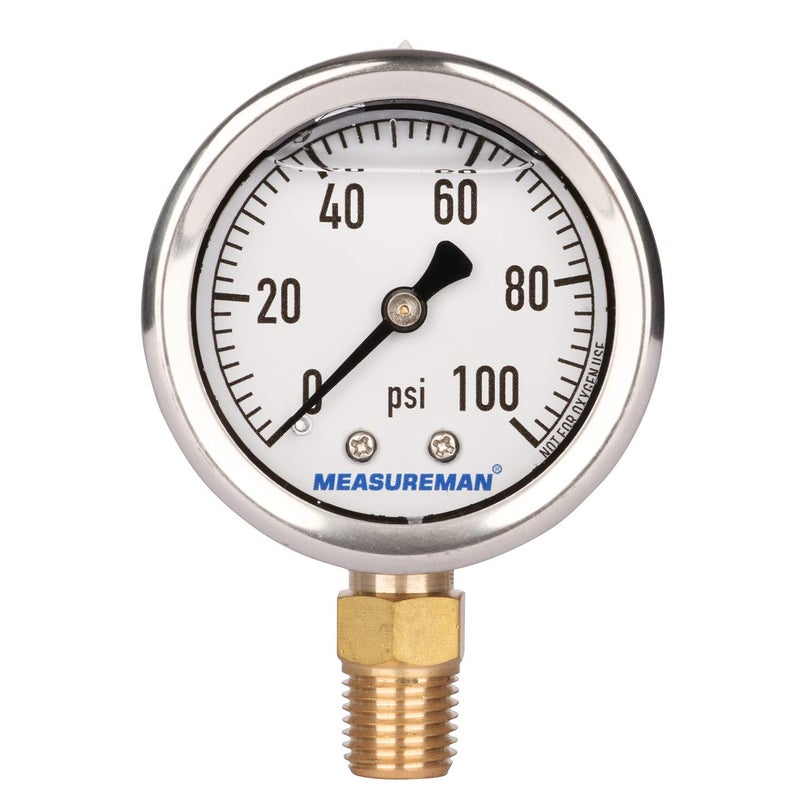 MEASUREMAN مقياس ضغط سباكة مملوء بالجليسرين من ميزورمان، حجم القرص 2 بوصة، نطاق 0-100 رطل لكل بوصة مربعة، غلاف من الفولاذ الأسود، تركيب سفلي 1/4 إنش إن بي تي - Image 1