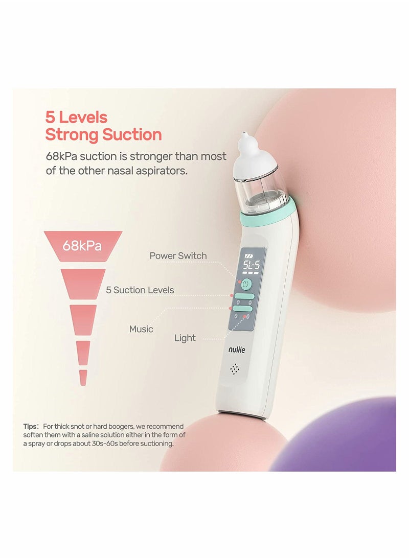 Baby Nasal Aspirator With 3Pcs Silicone Nose Tips, 5 Levels, Music and Light Soothing Function Rechargeable Portable For Newborns Toddlers Clear Nasal Congestion - Image 5