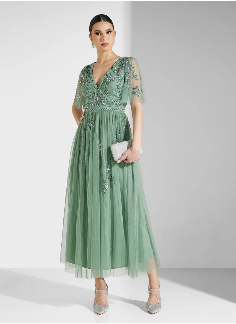 Maya Embellished Tulle Midaxi Dress With Trims