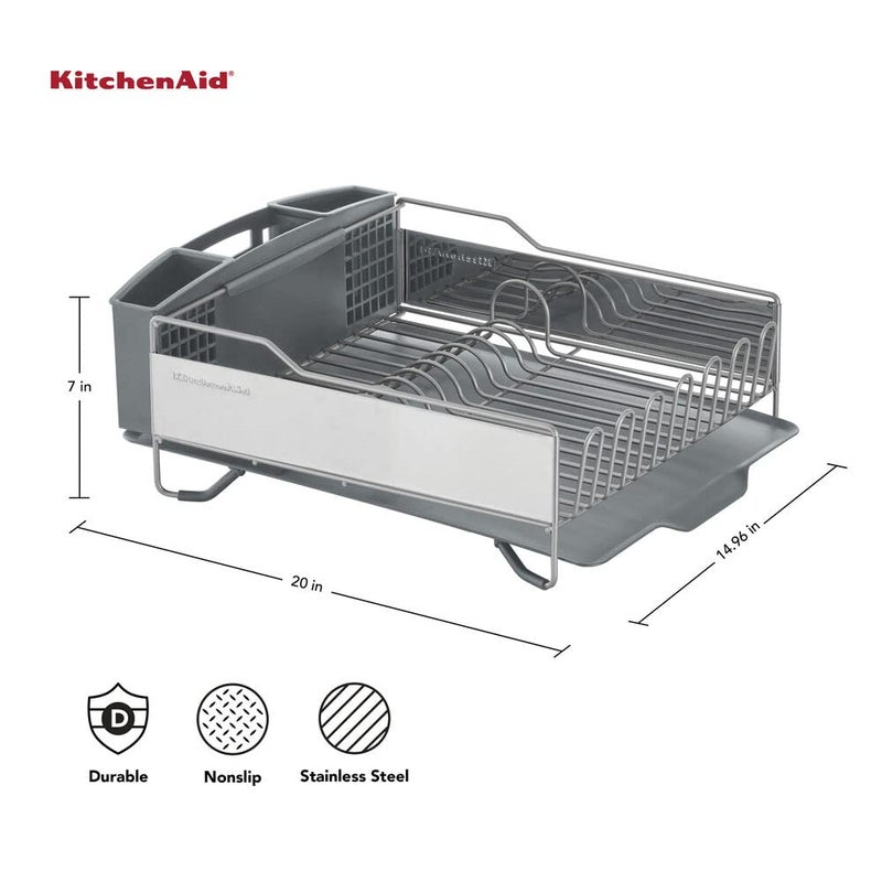 KitchenAid Large Capacity Full Size Rust Resistant Dish Rack with Angled Drain Board and Removable Flatware Caddy, Light Grey - Image 2