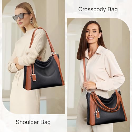 Over Earth Soft Leather Handbags for Women Shoulder Hobo Bag Large Tote Crossbody Bag (O103E Black/Brown) - Image 2