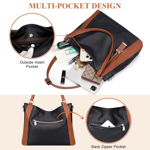 Over Earth Soft Leather Handbags for Women Shoulder Hobo Bag Large Tote Crossbody Bag (O103E Black/Brown) - Image 4