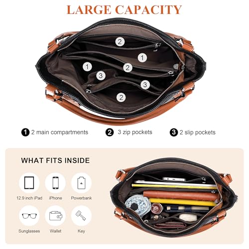 Over Earth Soft Leather Handbags for Women Shoulder Hobo Bag Large Tote Crossbody Bag (O103E Black/Brown) - Image 5