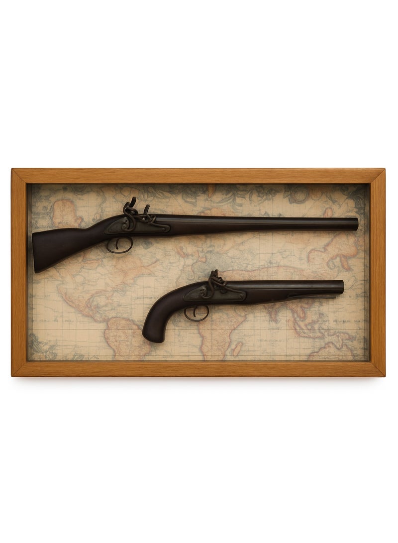 Antique 3D Gun Showpiece Frame – Elegant Wooden Wall Art with Glass Cover - Image 1