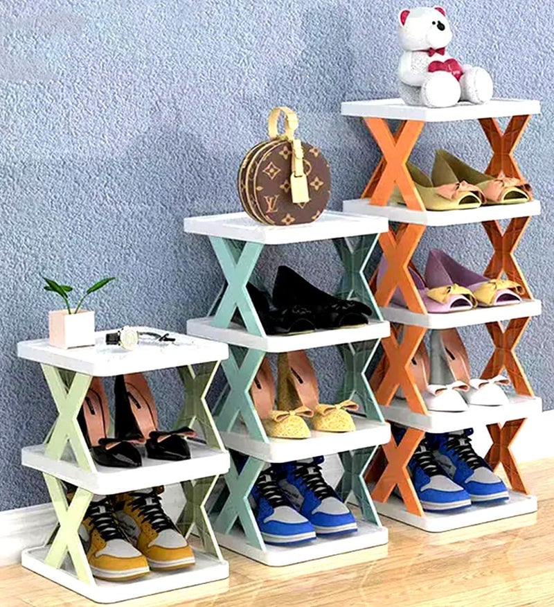 Purfex 3-Piece Shoe Rack Set(3,4,5 tier)– Space-Saving Vertical Storage Organizer,Plastic Stackable X-Shaped Bracket Shoe Shelves for Entryway, Closet, Hallway, and Bedroom – Multi-Colored - Image 1
