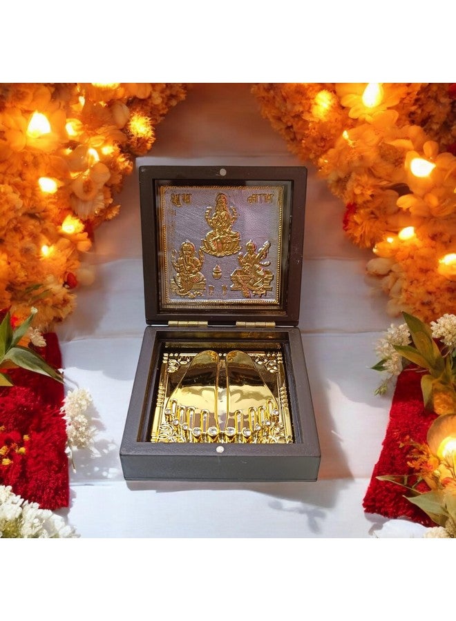 DK trades Gold Coated Ganesh Laxmi Sarswati for Diwali Pooja Box Premium Gold Laxmi Ganesh Sarswati for Diwali Pooja Box| Pocket Temple Laxmi Ganesh Sarswati with Charan Paduka |Unique Home, Office - Image 1