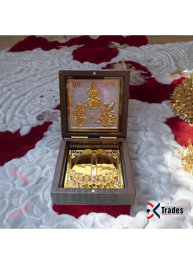 DK trades Gold Coated Ganesh Laxmi Sarswati for Diwali Pooja Box Premium Gold Laxmi Ganesh Sarswati for Diwali Pooja Box| Pocket Temple Laxmi Ganesh Sarswati with Charan Paduka |Unique Home, Office - Image 3