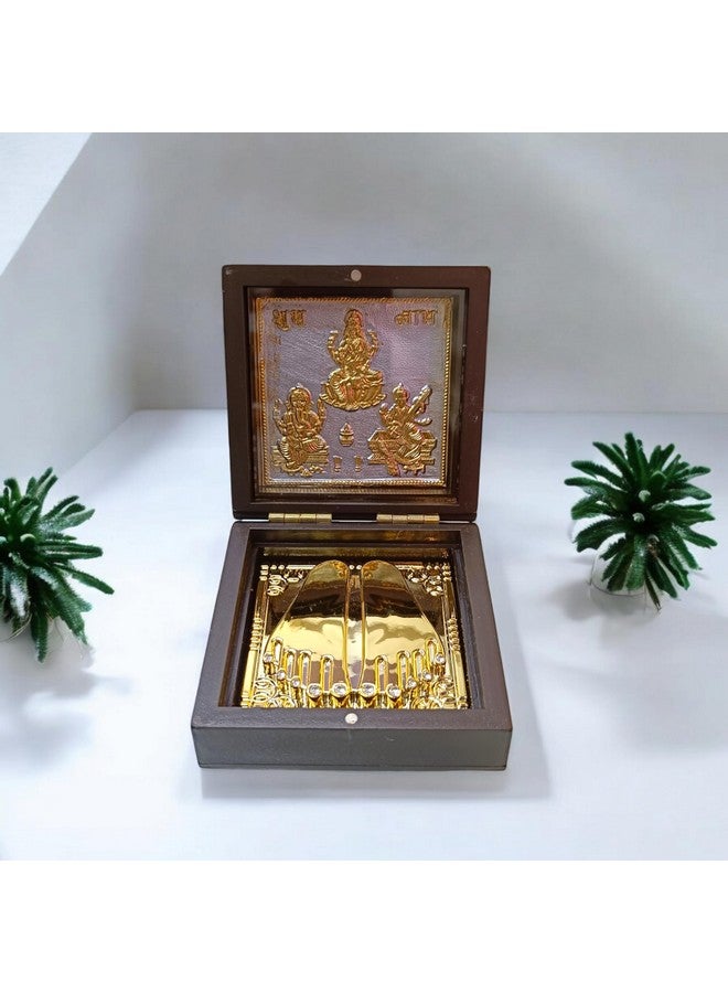 DK trades Gold Coated Ganesh Laxmi Sarswati for Diwali Pooja Box Premium Gold Laxmi Ganesh Sarswati for Diwali Pooja Box| Pocket Temple Laxmi Ganesh Sarswati with Charan Paduka |Unique Home, Office - Image 2