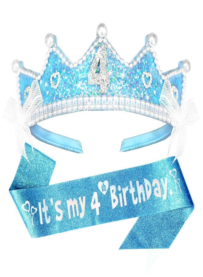 CAVETEE 4th Birthday Crown and Sash, Blue Glitter Princess Tiara, It's My 4th Birthday Sash for Party Decorations - Image 1