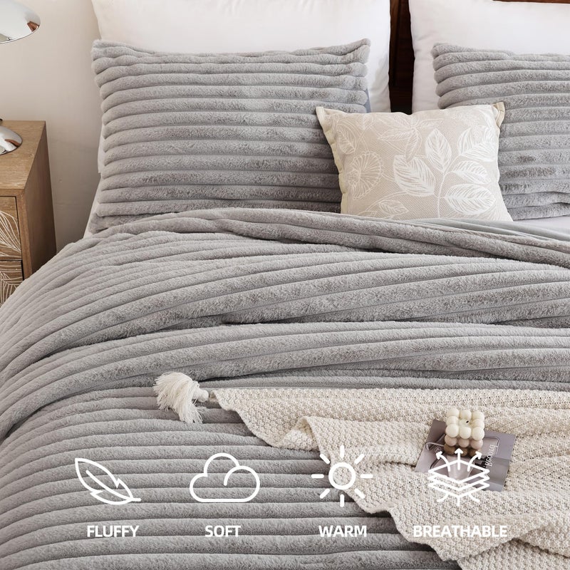 Smoofy Fluffy King Size Comforter Set 3 Pieces - Lightgrey Fleece Fluffy Comforter King Size  Luxury Fuzzy King Bedding Set  Soft King Size Bed Set All Season  Heavy Bedding King with 2 Pillow Cases - Image 2