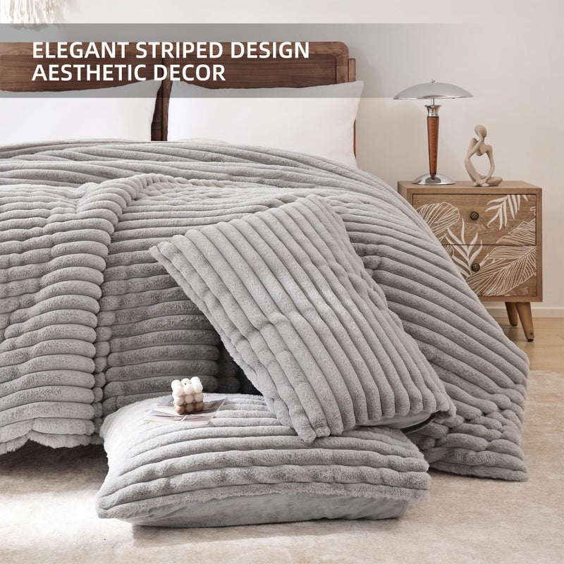 Smoofy Fluffy King Size Comforter Set 3 Pieces - Lightgrey Fleece Fluffy Comforter King Size  Luxury Fuzzy King Bedding Set  Soft King Size Bed Set All Season  Heavy Bedding King with 2 Pillow Cases - Image 3
