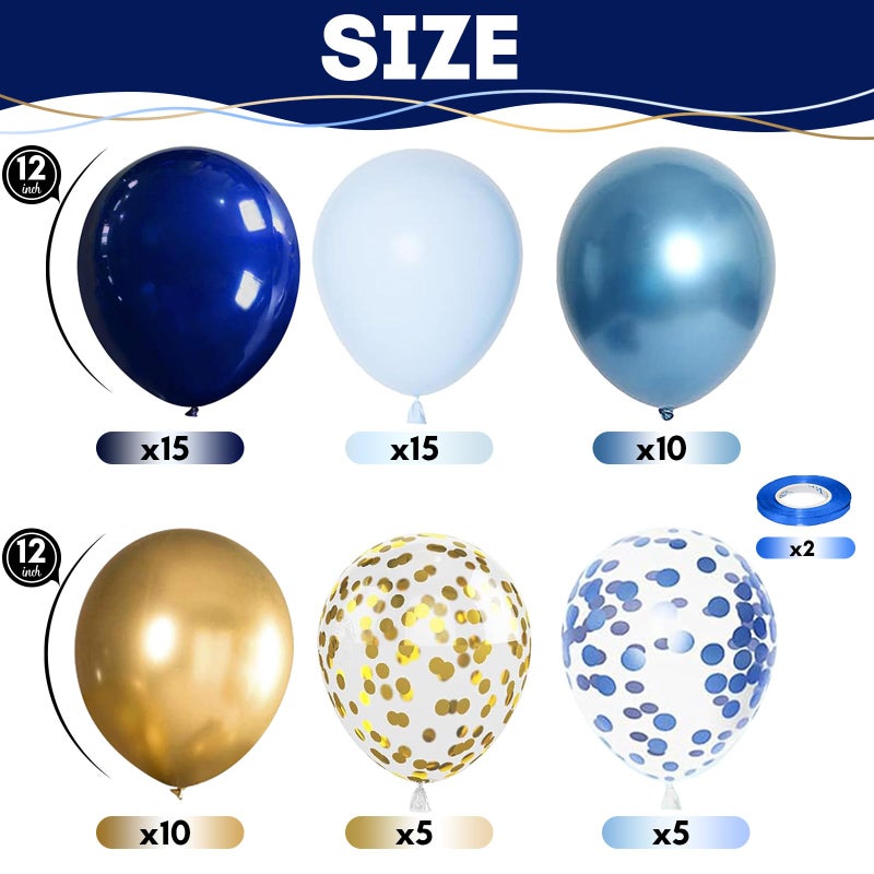 Togvu Navy Blue Gold Balloon, 60 Packs 12 Inch Metallic Blue and Macaron Blue Balloons with Metallic Gold Confetti Balloons for Birthday Party Decorations, Wedding, Bridal Shower, Baby Shower, Graduate - Image 2
